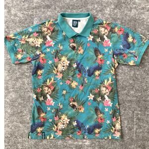 Jungle Animal Polo Shirt Mens 2XL AOP Teal Flowers Hawaiian